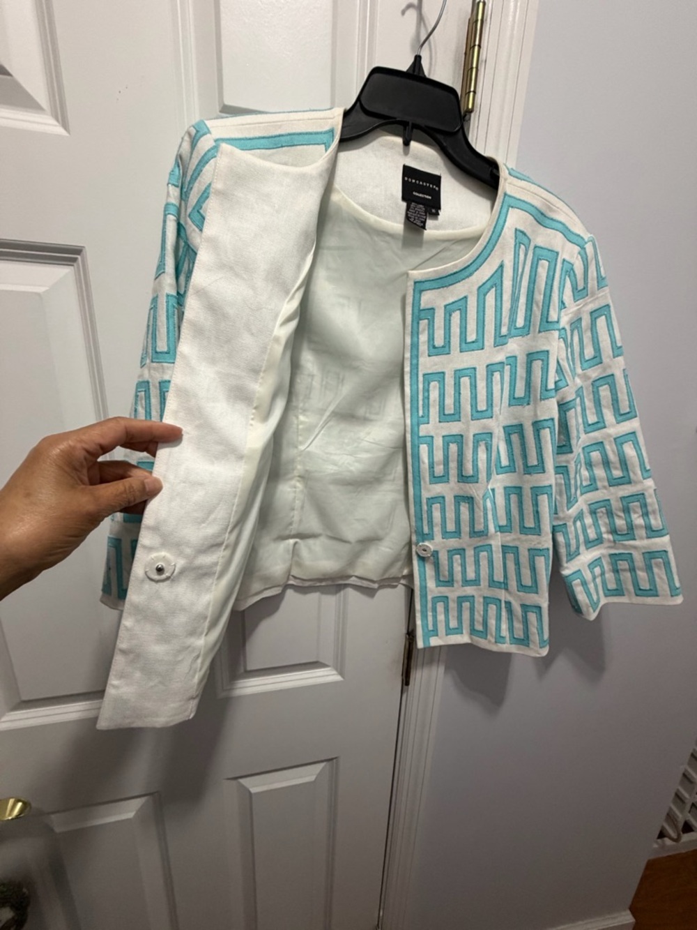 White and Teal Pattern linen cotton blend Jacket size 16 - Picture 3 of 8